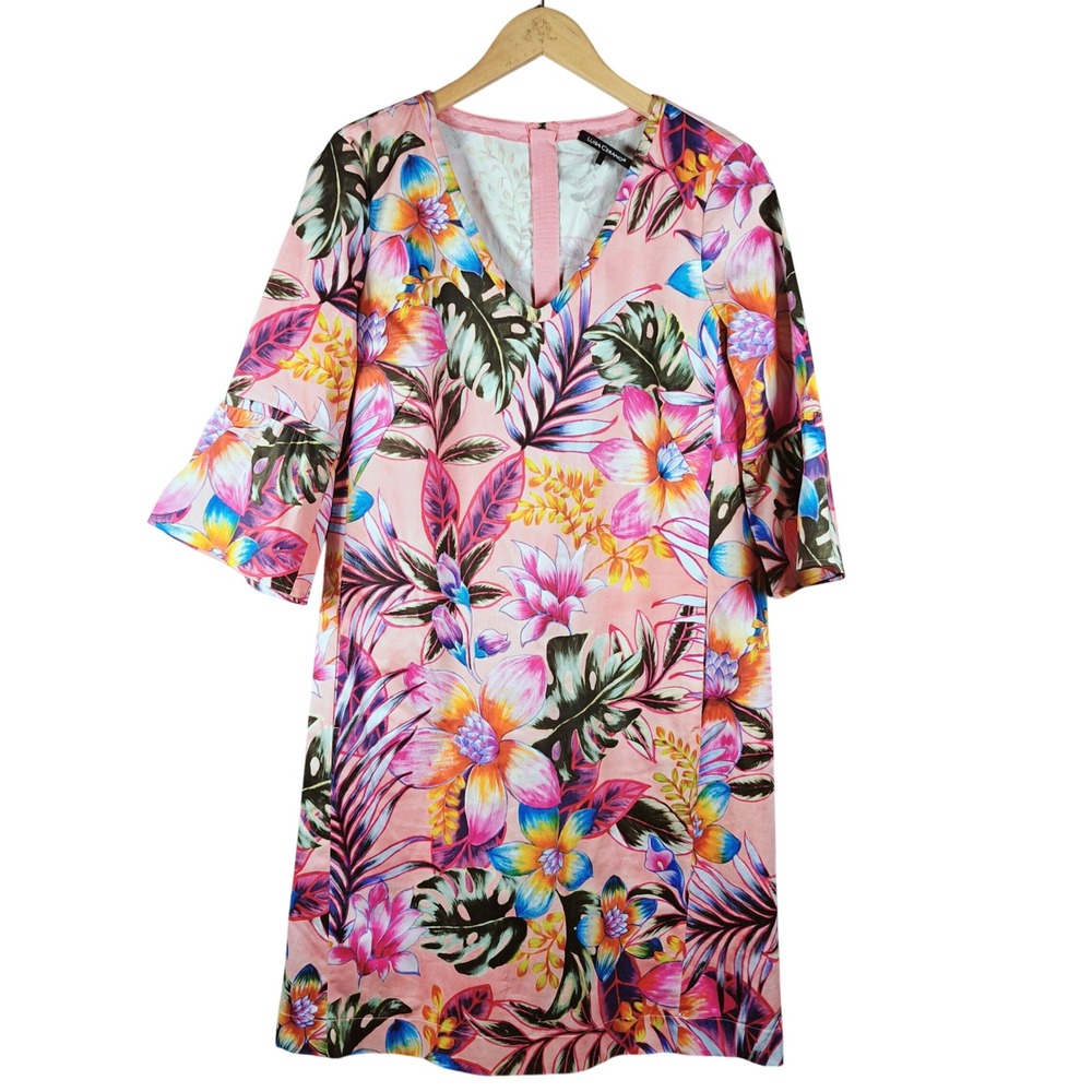 Luisa Cerano‎ Pink Tropical Floral V-Neck Shift Dress Bell Sleeve Pockets Size 6